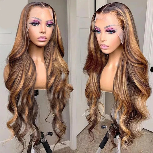 13*4 HD Lace Frontal Brazilian Honey Blonde Highlights Body Wave Piano Colored Lace Wigs